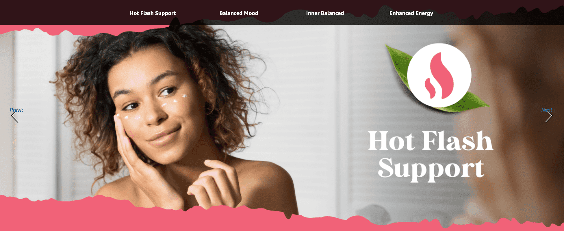 Highlights the hot flash relief benefit of the supplement within a tabbed benefit carousel.