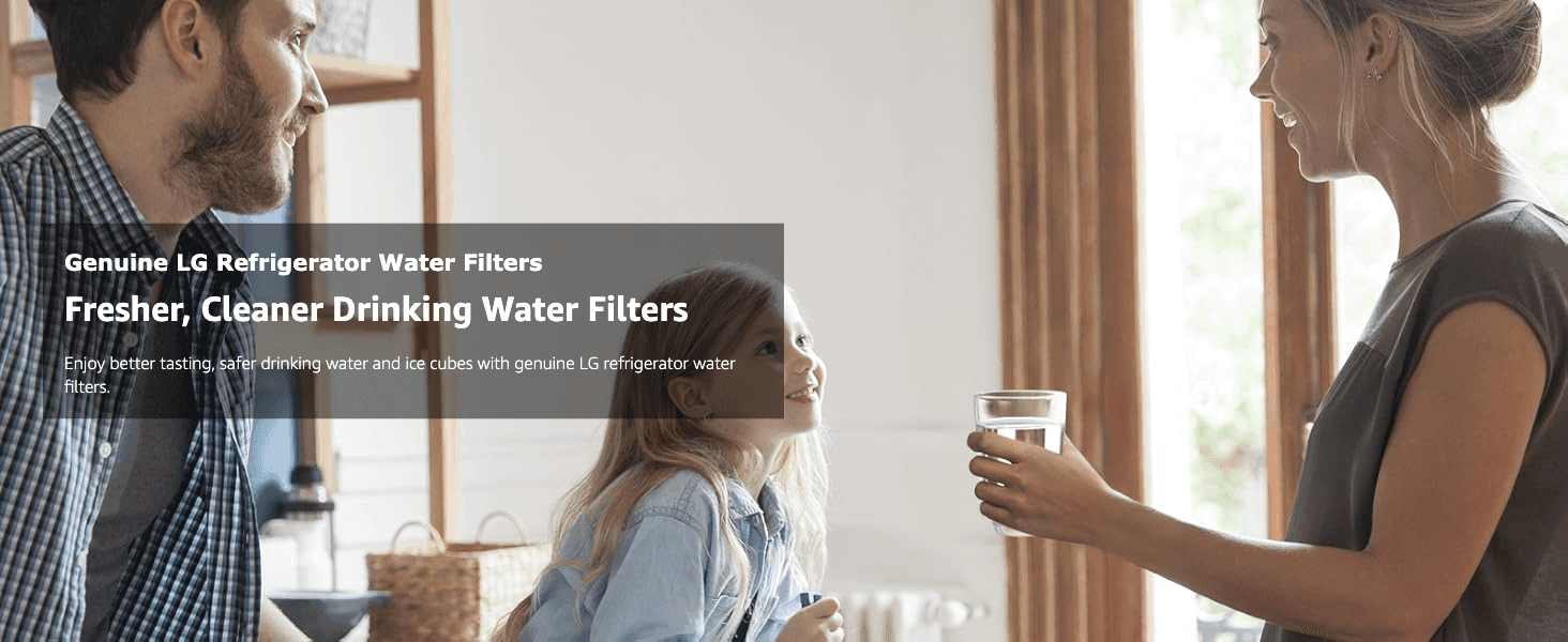 Introduces the genuine LG water filter and its core benefit of fresher, cleaner drinking water over a family lifestyle photo.