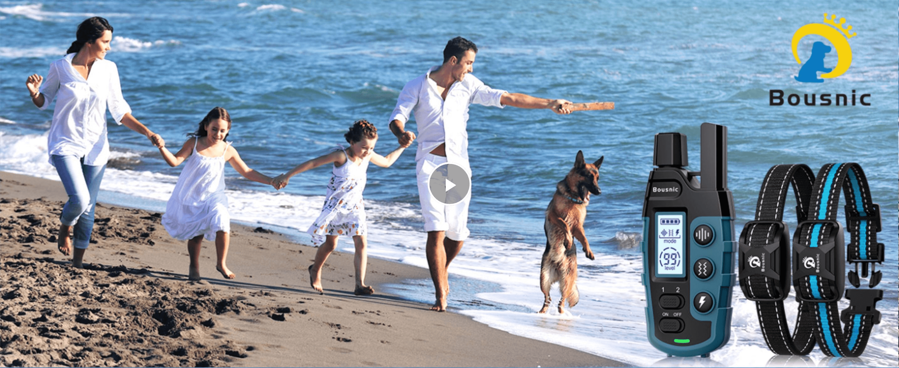 Shows a family happily walking their dog on the beach to build an emotional, aspirational connection with the brand and product.