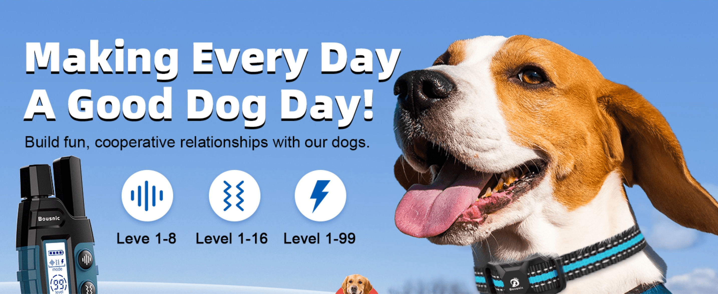Communicates the brand's mission of building a fun, cooperative relationship with dogs to create an emotional connection with shoppers. Highlights the three customizable stimulation level settings…