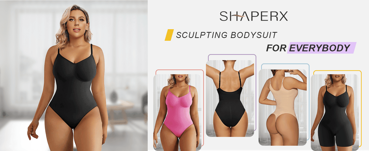 Introduces the SHAPERX brand and its sculpting bodysuit line with an inclusive tagline, showing the range of colors and fits available.