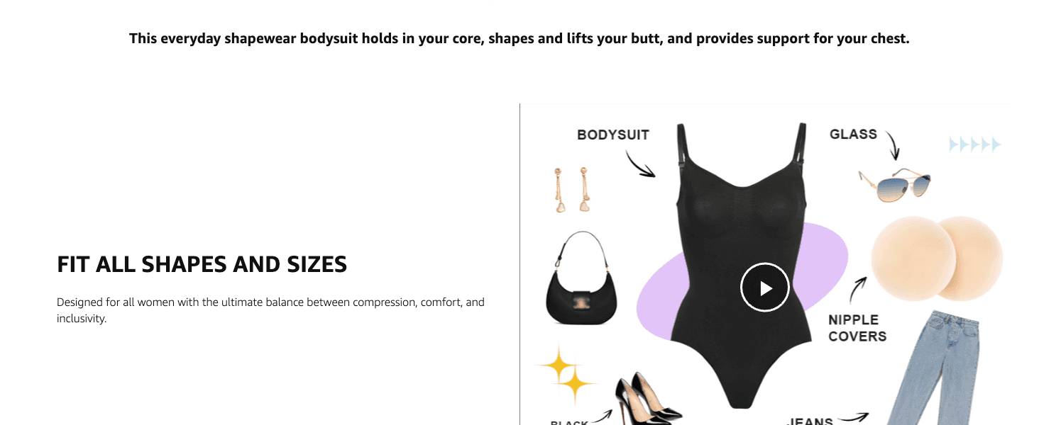 Communicates the bodysuit's core shaping, lifting and support benefits and reassures shoppers it's designed to fit all body shapes and sizes.