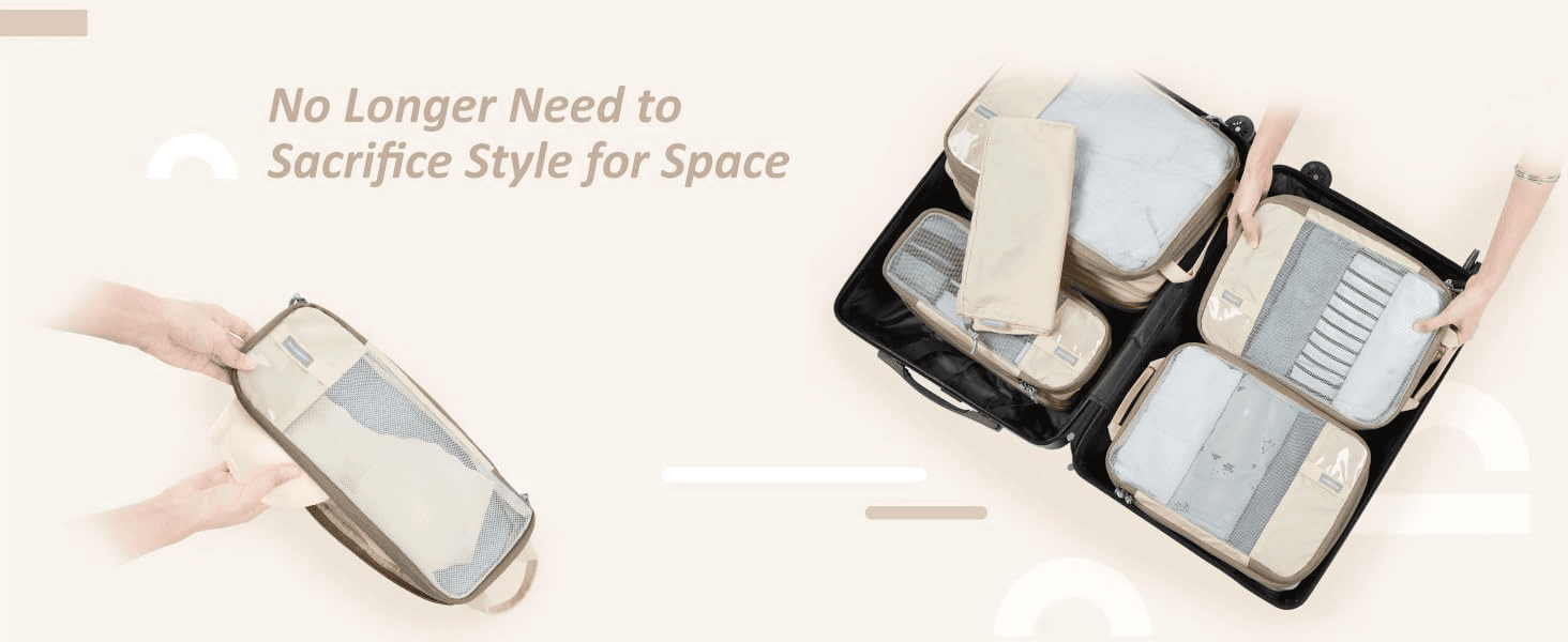 Shows the compression cubes in use to communicate that travelers can pack more without sacrificing style.