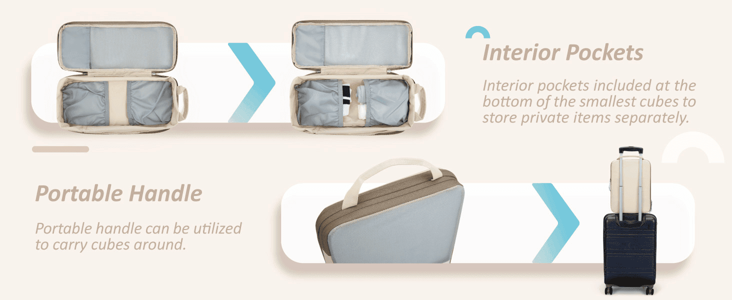 Highlights two distinct design features — separate interior pockets and a portable carry handle — to show the cubes are thoughtfully built for organization and portability.