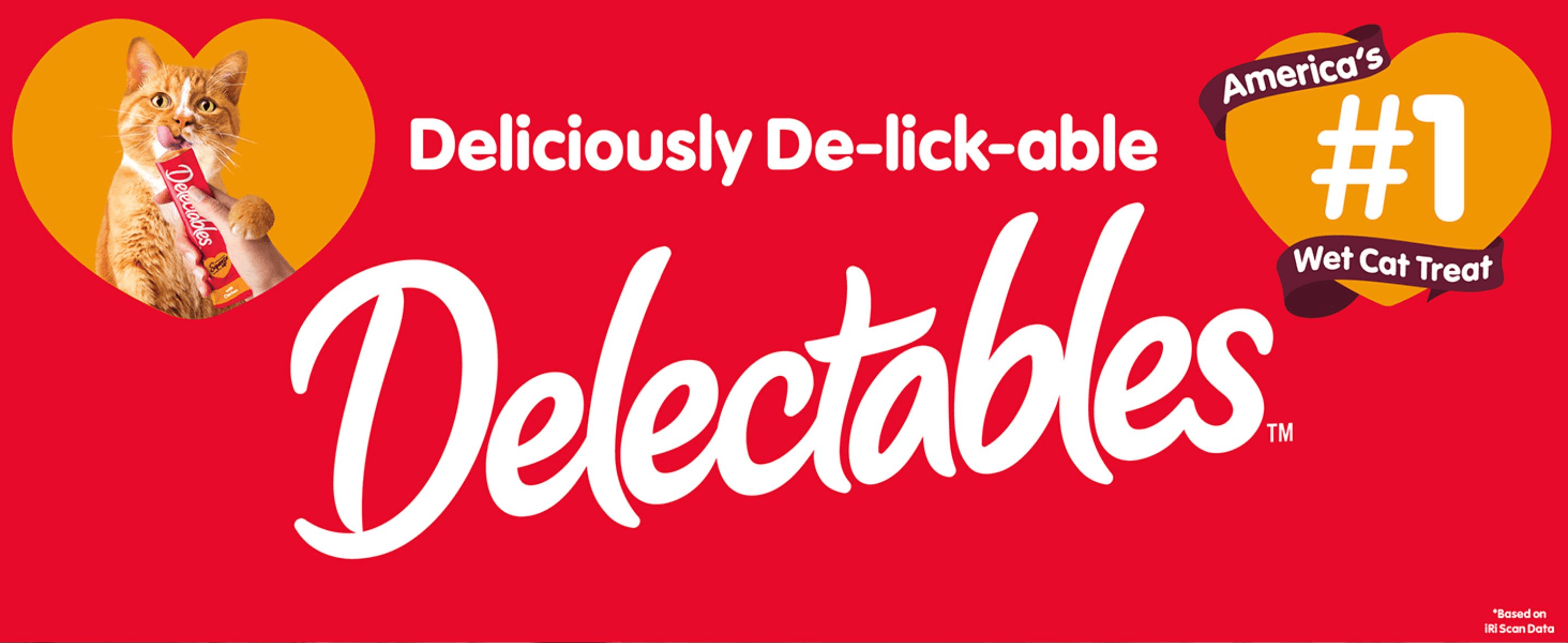 Builds brand recognition and trust with the Delectables logo and an America's #1 wet cat treat claim.