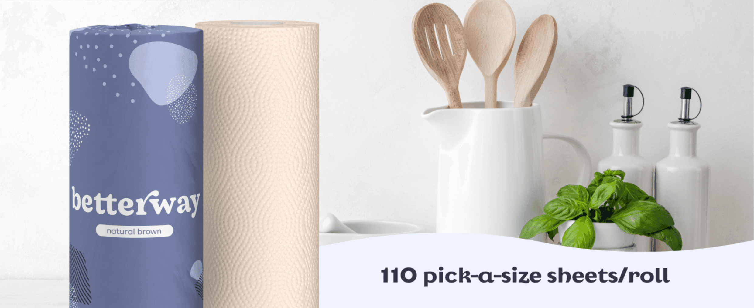 Shows the 110 pick-a-size sheets per roll in a kitchen setting so shoppers see the value and flexibility.