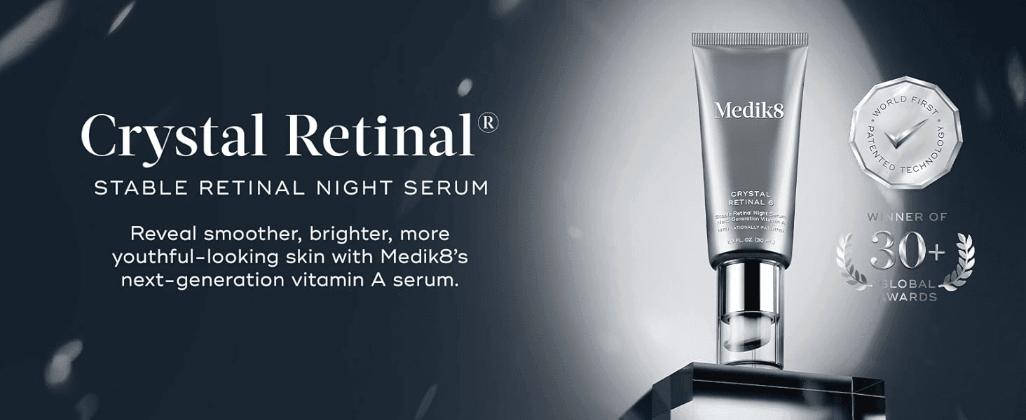 Introduces the retinal night serum with its smoothing, brightening promise and 30+ award credential to build confidence. Positions Medik8 as an award-winning brand with patented technology.