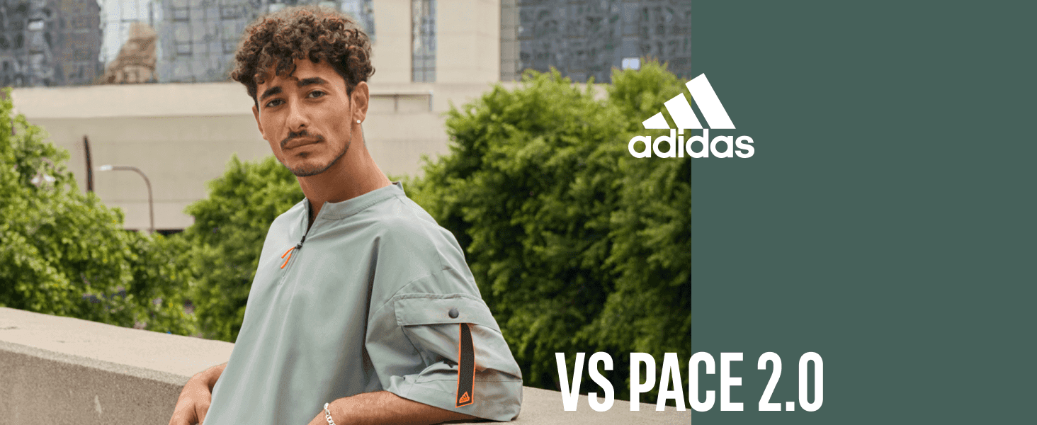 Introduces the adidas VS Pace 2.0 with a lifestyle hero shot and brand logo to set the tone before feature details follow.