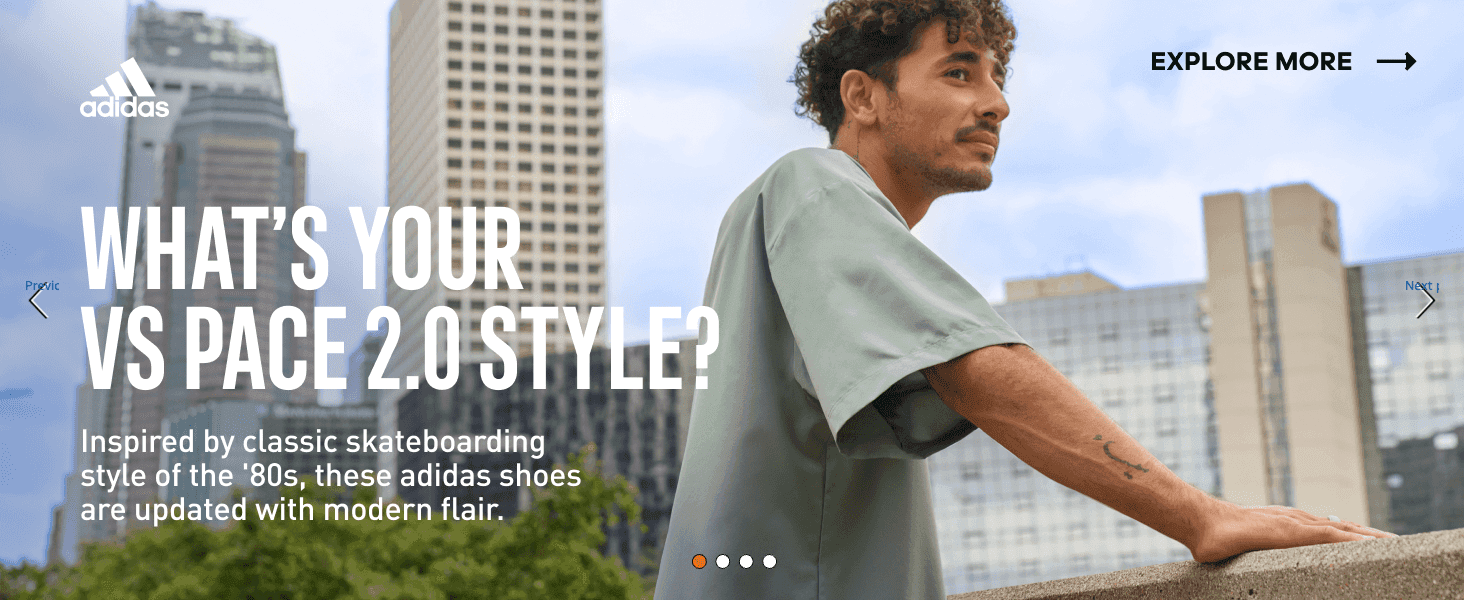 Uses a lifestyle carousel image and short headline to position the shoe's skateboarding-inspired look, building emotional appeal around style.