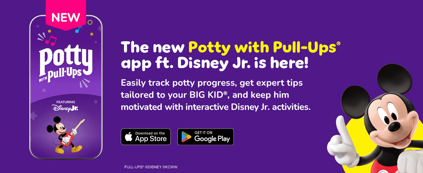 Promotes the free Potty with Pull-Ups app featuring Disney Jr. to help parents track progress and motivate their child.
