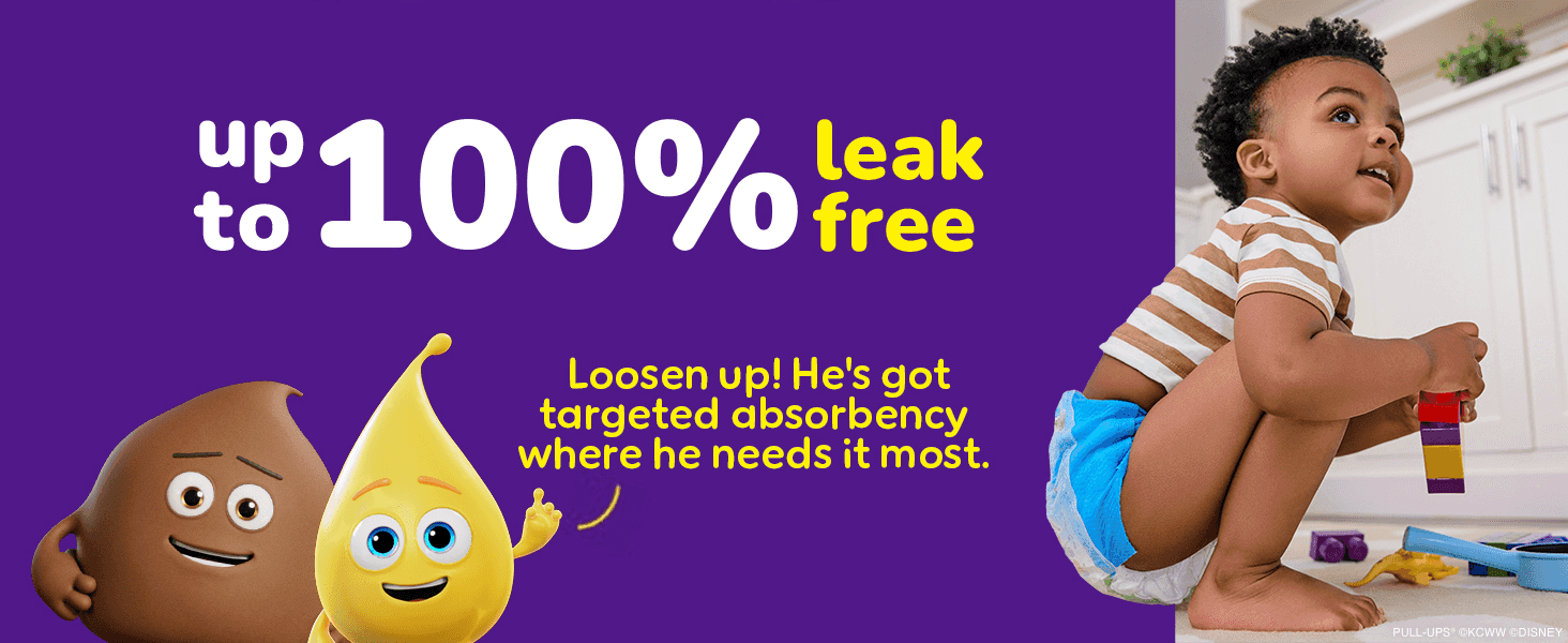 Highlights a bold leak-protection percentage claim to reassure parents the product performs reliably. Shows a child comfortably wearing the pants while calling out targeted absorbency where boys…