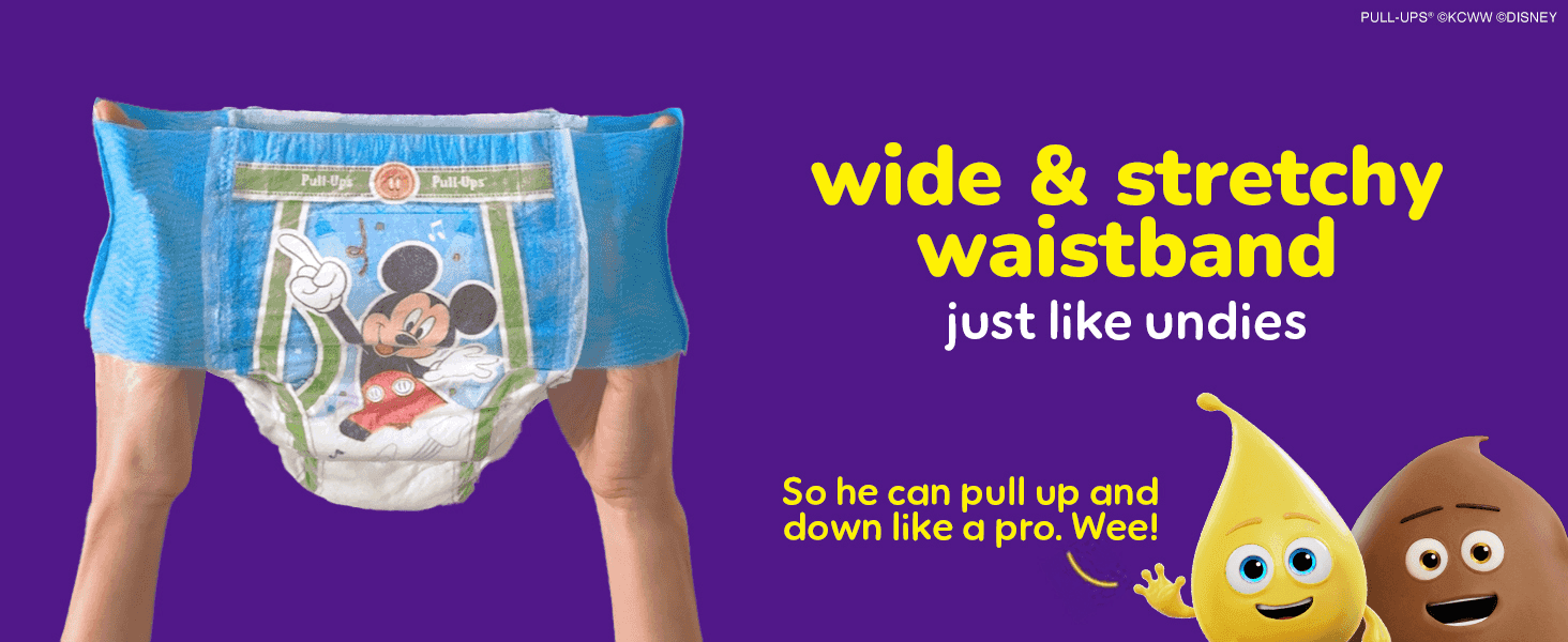 Emphasizes the wide, stretchy waistband that pulls up and down like real underwear for easy independent use.