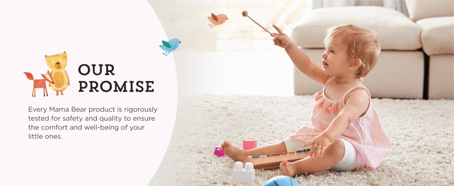 Reassures shoppers that every product is rigorously tested for safety and quality, reinforced by a warm lifestyle photo.
