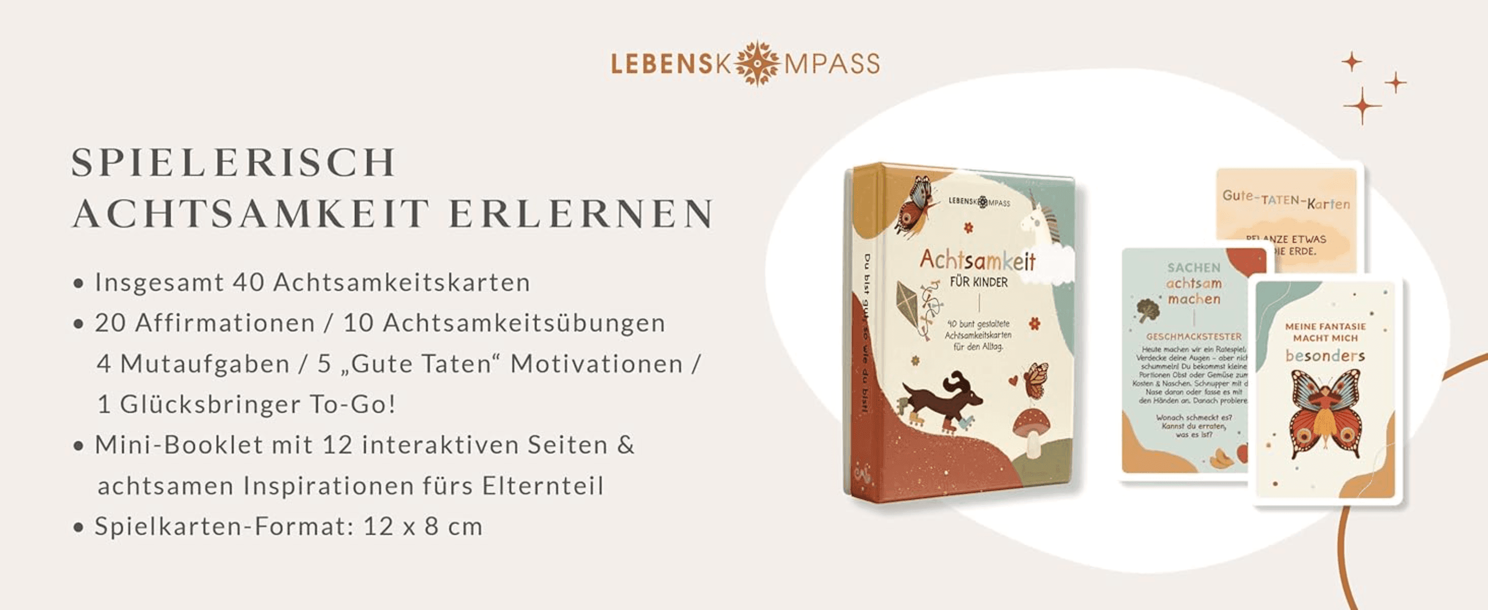 Lists everything included in the mindfulness card set (40 cards, booklet, bonus items) to show shoppers the full value of the box.