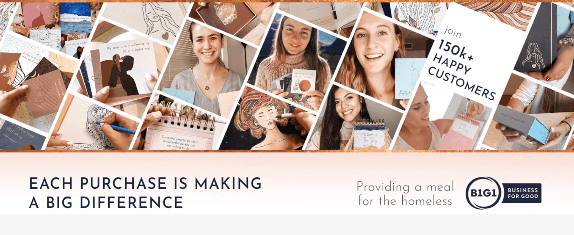 Shows real customers using and enjoying the product to build trust through social proof. Communicates that each purchase funds a meal for someone homeless, building an emotional, values-based…