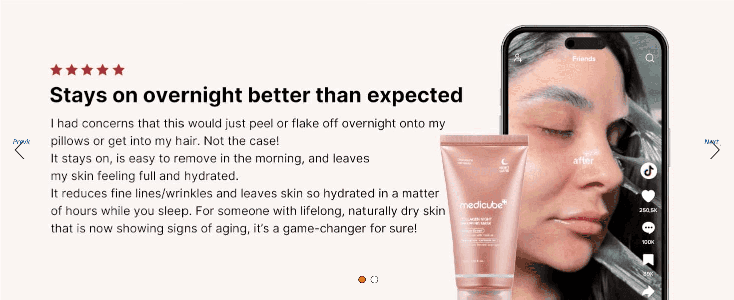 Uses a five-star customer review to show the mask stays on overnight and hydrates. Adds a real customer TikTok screenshot as social proof.