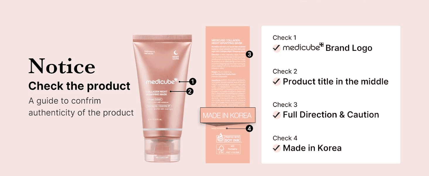 Uses numbered callouts on the tube and box to help shoppers spot a genuine product. Reassures shoppers that the product is authentic with a four-point checklist.