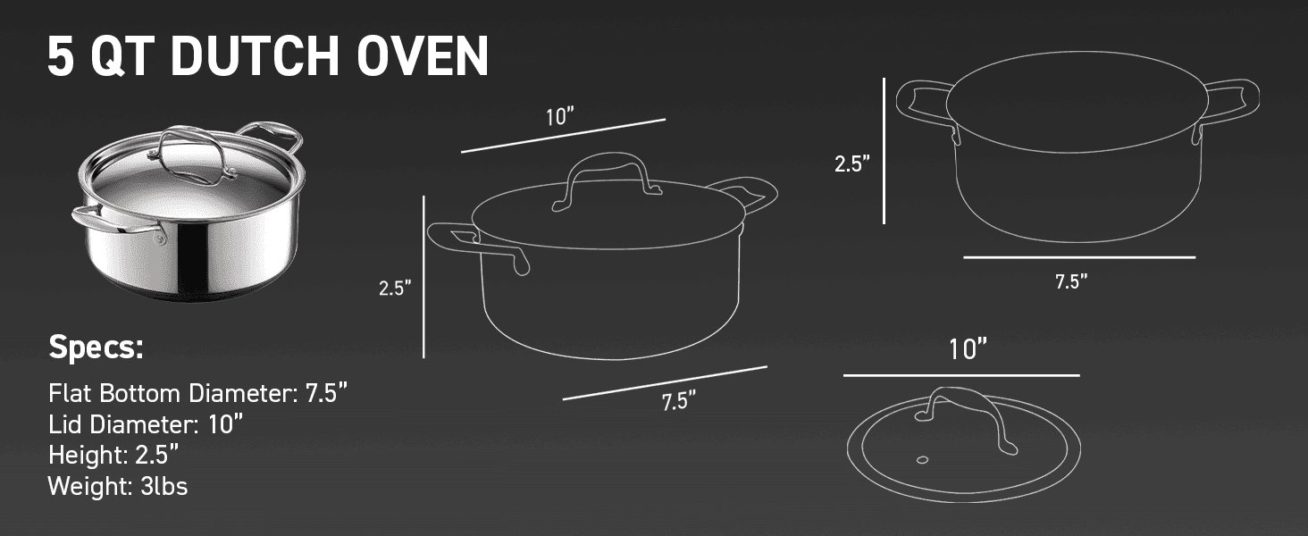 Gives shoppers exact dimensions and weight of the Dutch oven so they can confirm it fits their kitchen and cooking needs.