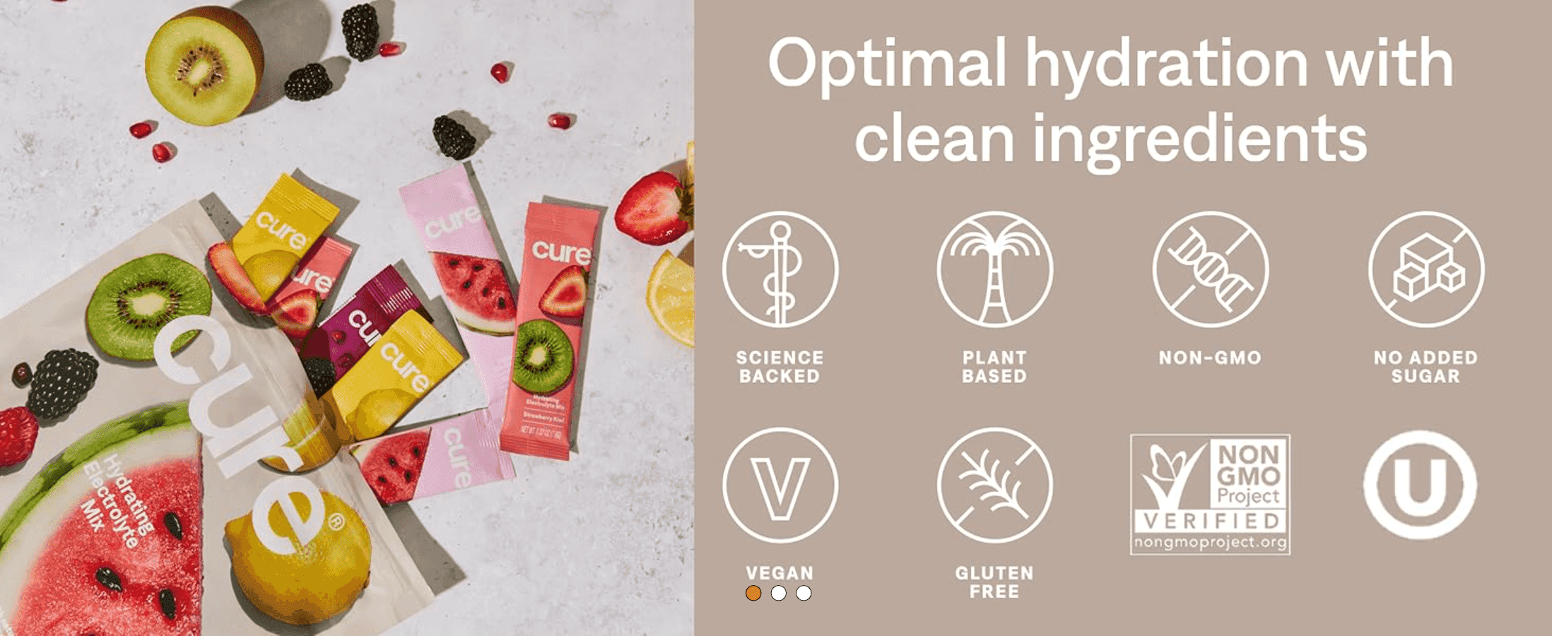 Reassures shoppers with certifications and clean-ingredient icons such as Non-GMO, vegan and gluten free. Presents several ingredient benefits in a segmented icon grid for a quick scan.