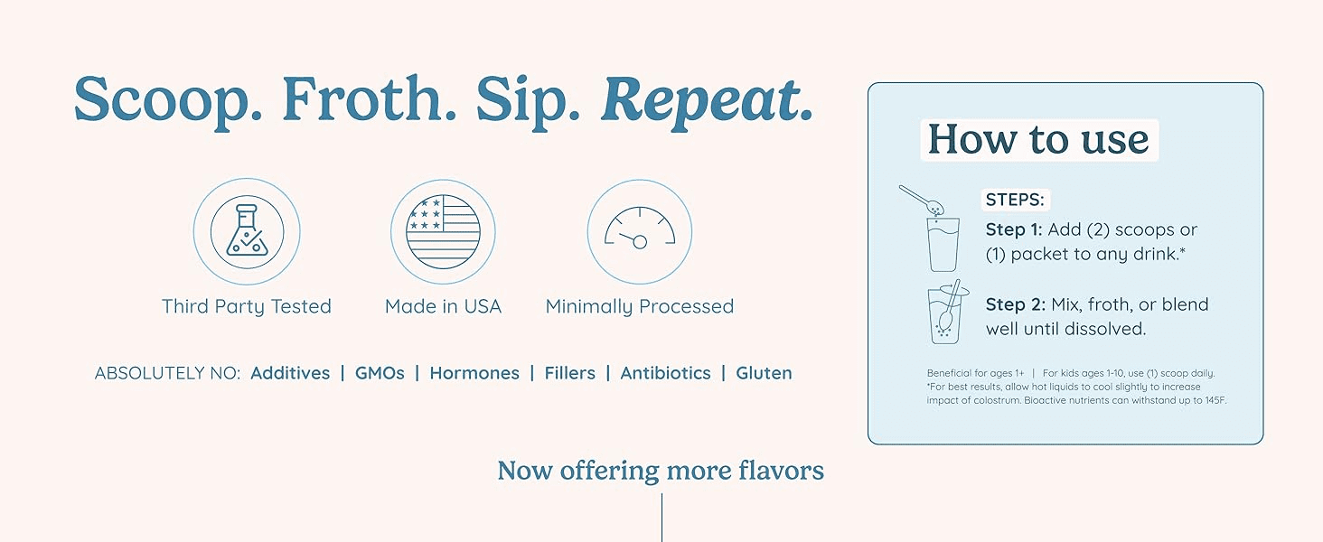 Reassures shoppers with third-party testing, USA-made and clean-label claims while explaining how to use the product in two simple steps. Shows the two-step process for adding and mixing the product…