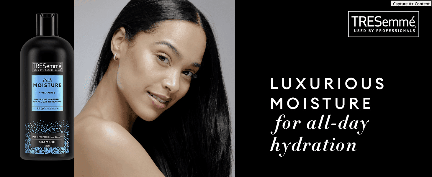 Introduces the brand and its professional-grade positioning to build trust in the moisture claim. Communicates one core benefit, luxurious all-day moisture, over a clean model and product shot.