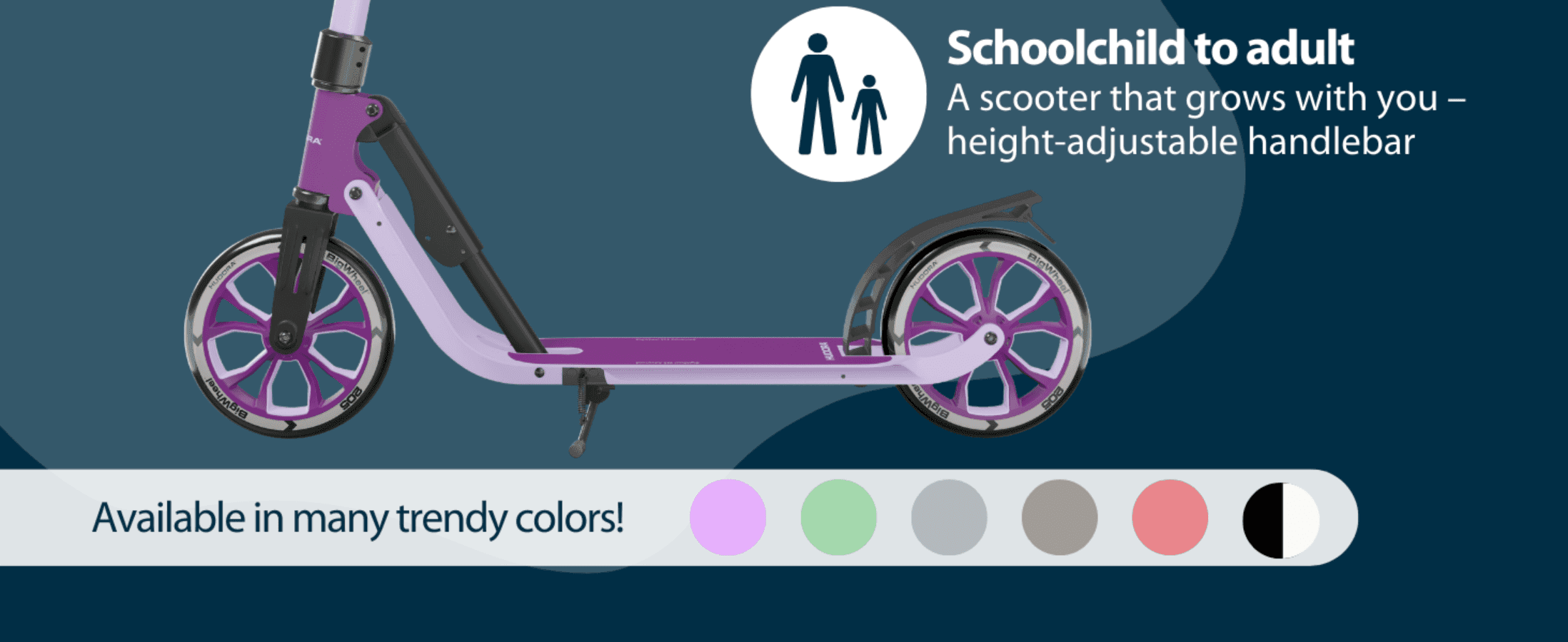 Shows the scooter grows with the rider via a height-adjustable handlebar, while also flagging the range of available colors.