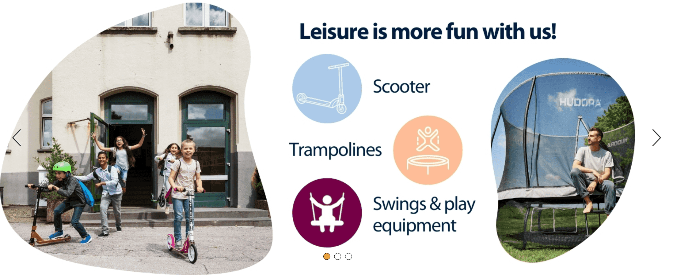 Introduces the wider HUDORA leisure range (scooters, trampolines, swings) beyond the product being purchased.