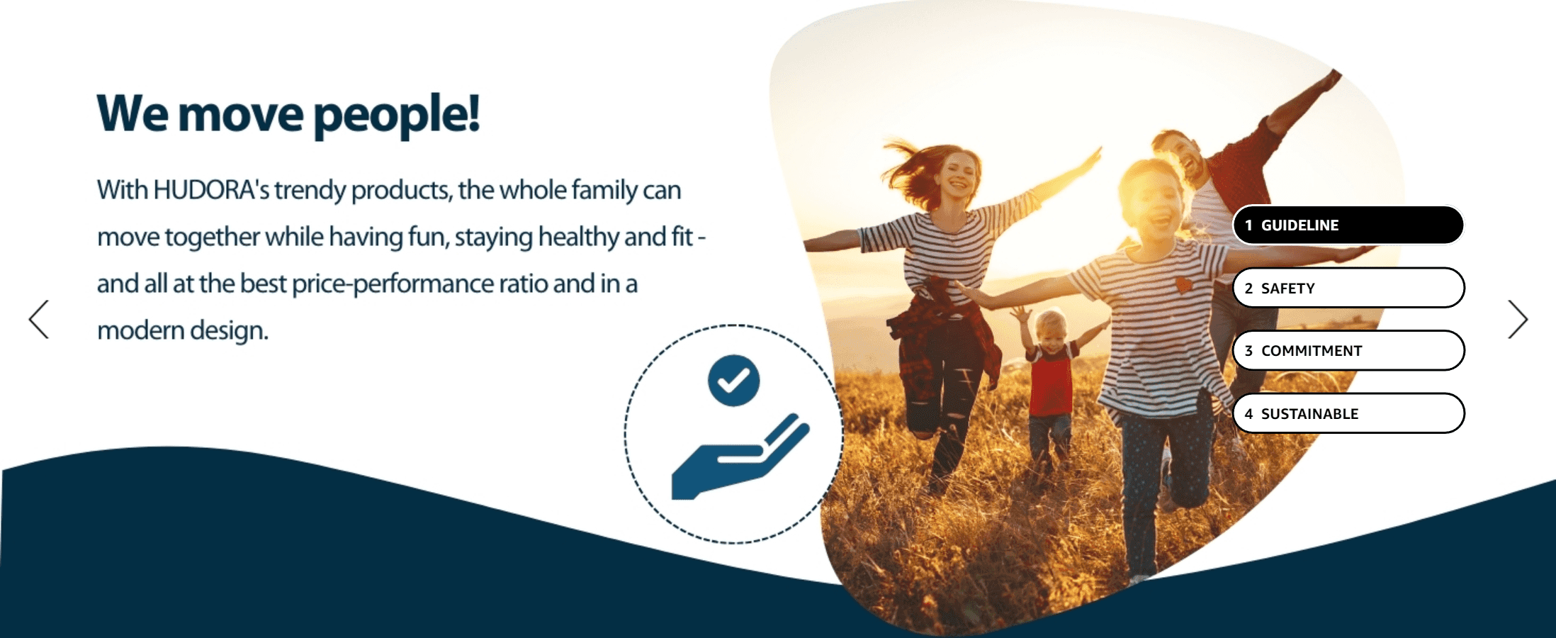 Builds emotional brand trust around family, movement and safety, framed as the first tab in a values carousel.