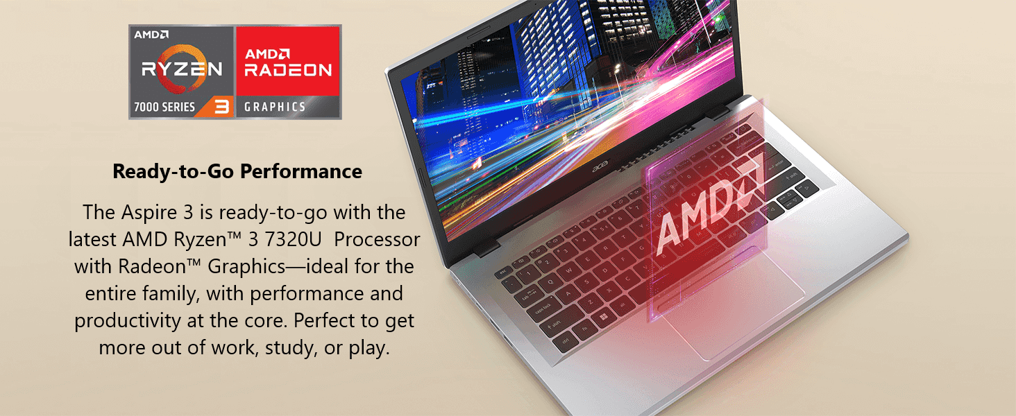 Highlights the AMD Ryzen 3 processor and Radeon graphics to reassure buyers of solid everyday performance.