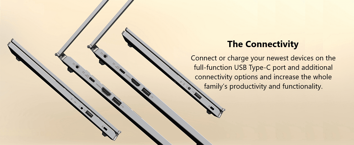 Highlights the laptop's full-function USB Type-C port and additional connectivity options to reassure shoppers about device compatibility.