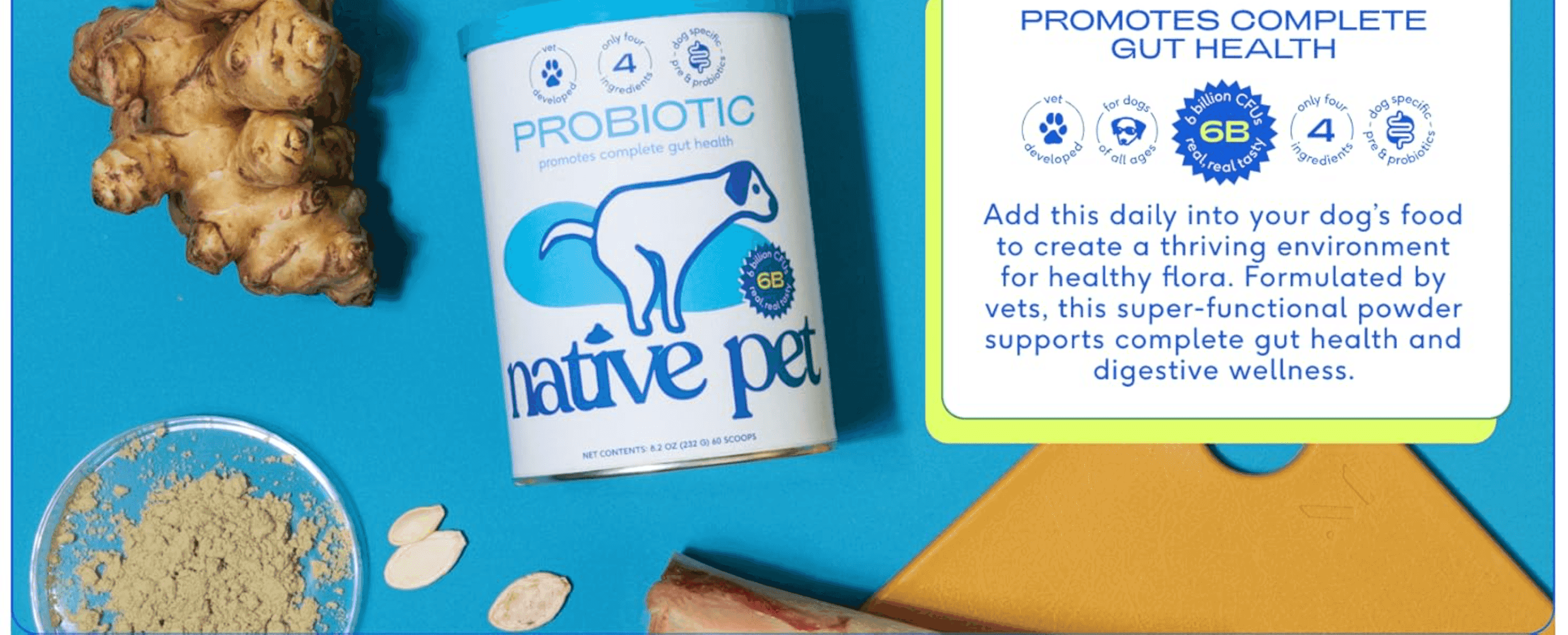 Explains that the daily powder supports a dog's gut health, backed by vet formulation and a short ingredient list.