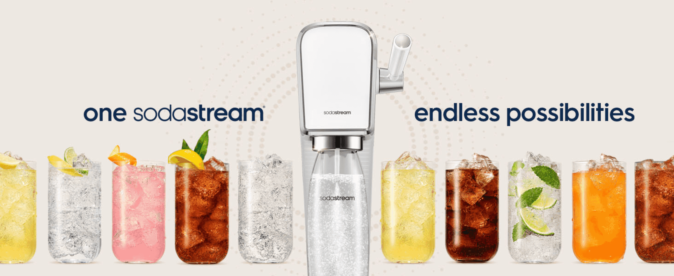 Positions one SodaStream device as capable of making endless drink varieties, appealing to shoppers who want flexibility from a single purchase.
