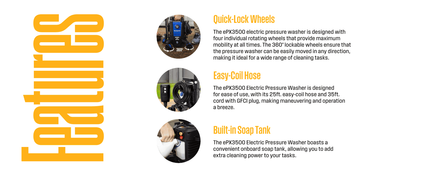 Lists three practical features in one segmented layout so shoppers can quickly see how easy the washer is to move and use.