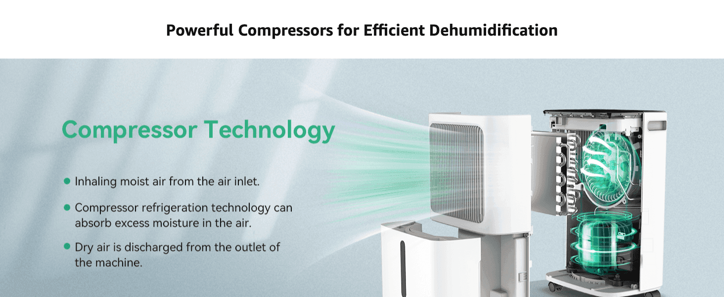 Explains the step-by-step process of how the compressor technology removes moisture from the air to build confidence in performance.