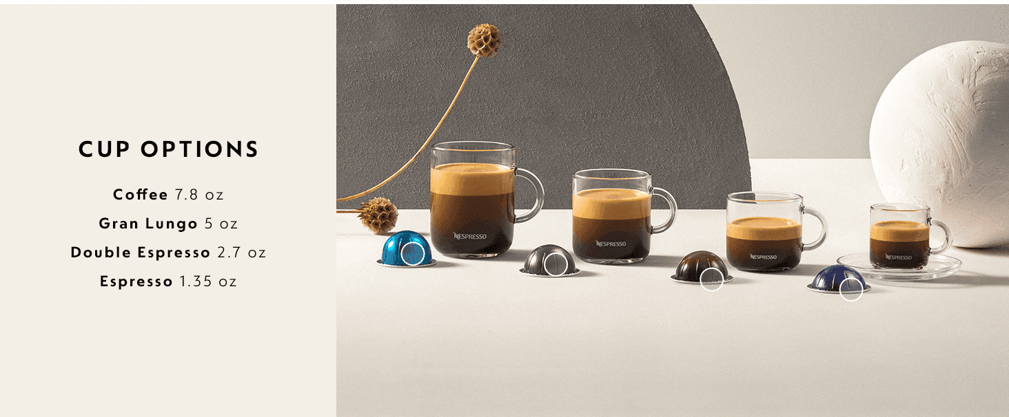 Presents the full range of Nespresso cup sizes so shoppers can see which serving fits their taste. Shows four cup sizes with volumes in one clean scene to reassure shoppers about serving choice.