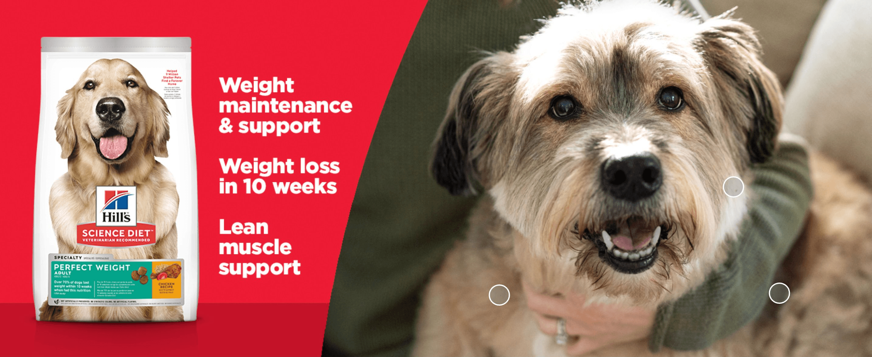 Highlights three distinct benefits of the diet - weight maintenance, measurable weight loss, and lean muscle support - to reassure pet owners of its effectiveness.