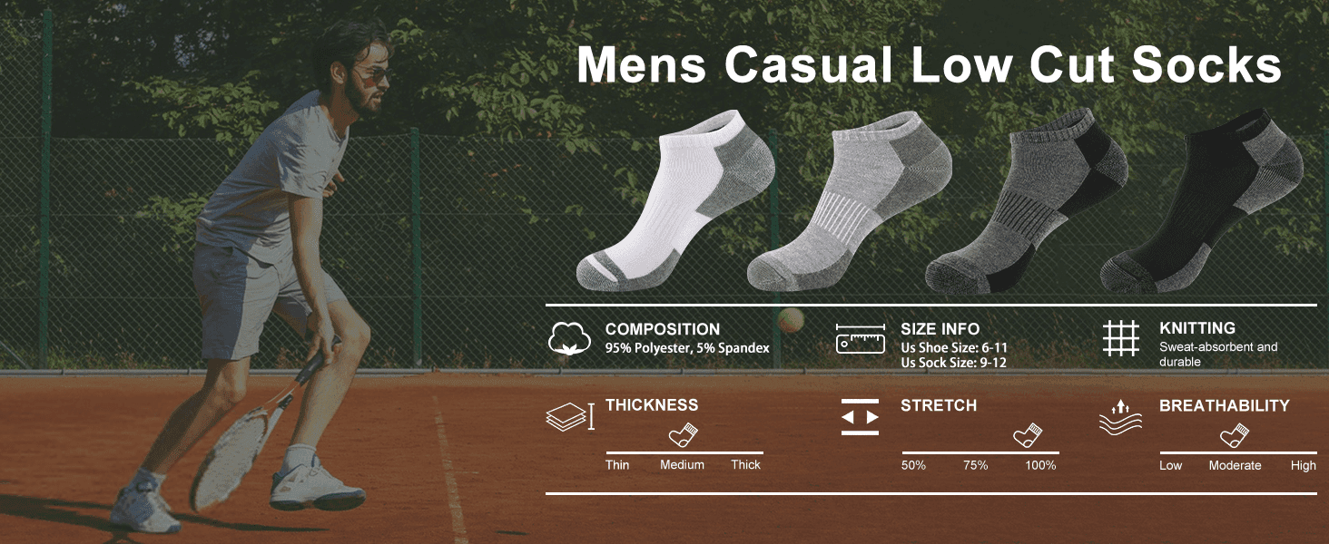 Communicates the sock's material, fit, and performance specs across labeled icon panels so shoppers can quickly assess fit and quality.