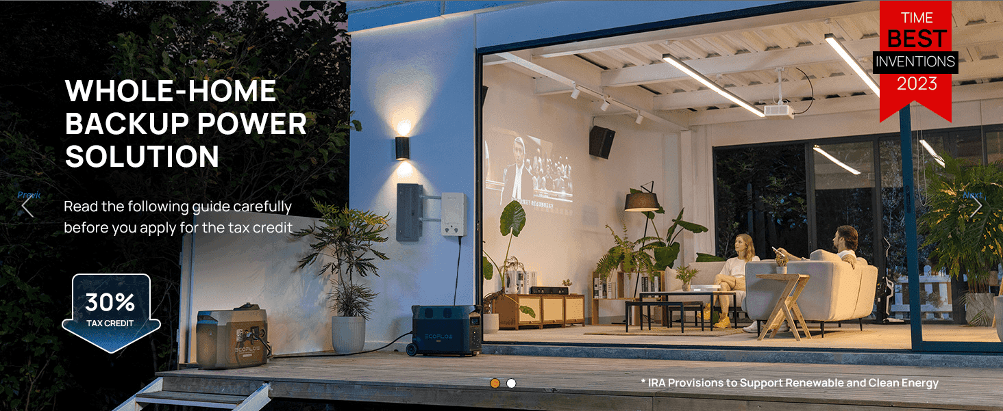 Positions the unit as whole-home backup power and points to the 30% tax credit to reassure shoppers on value.