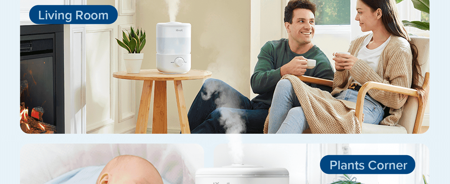 Shows the humidifier fitting naturally into multiple rooms of the home to demonstrate versatility.