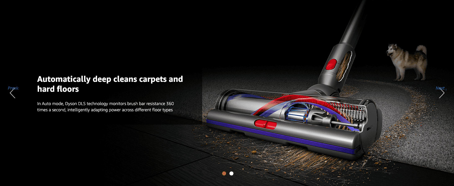 Explains that Dyson DLS technology senses floor resistance and automatically adjusts suction power for carpets and hard floors.