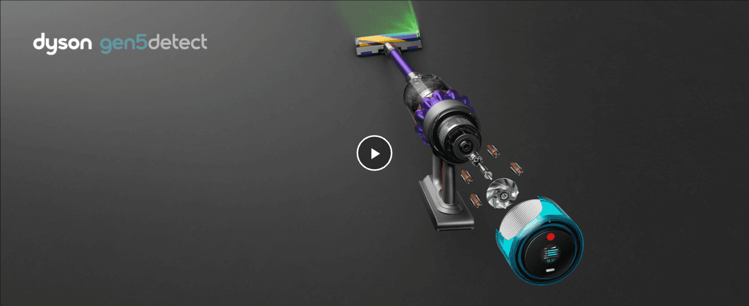 Introduces the Dyson Gen5detect with brand identity and a video play button to invite shoppers into a closer look at the product.