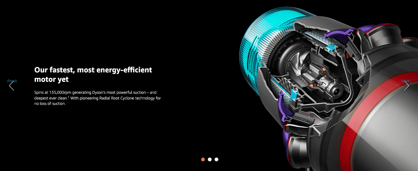 Highlights the product's powerful new motor and suction performance via a headline and cutaway engineering shot to build confidence in cleaning power.