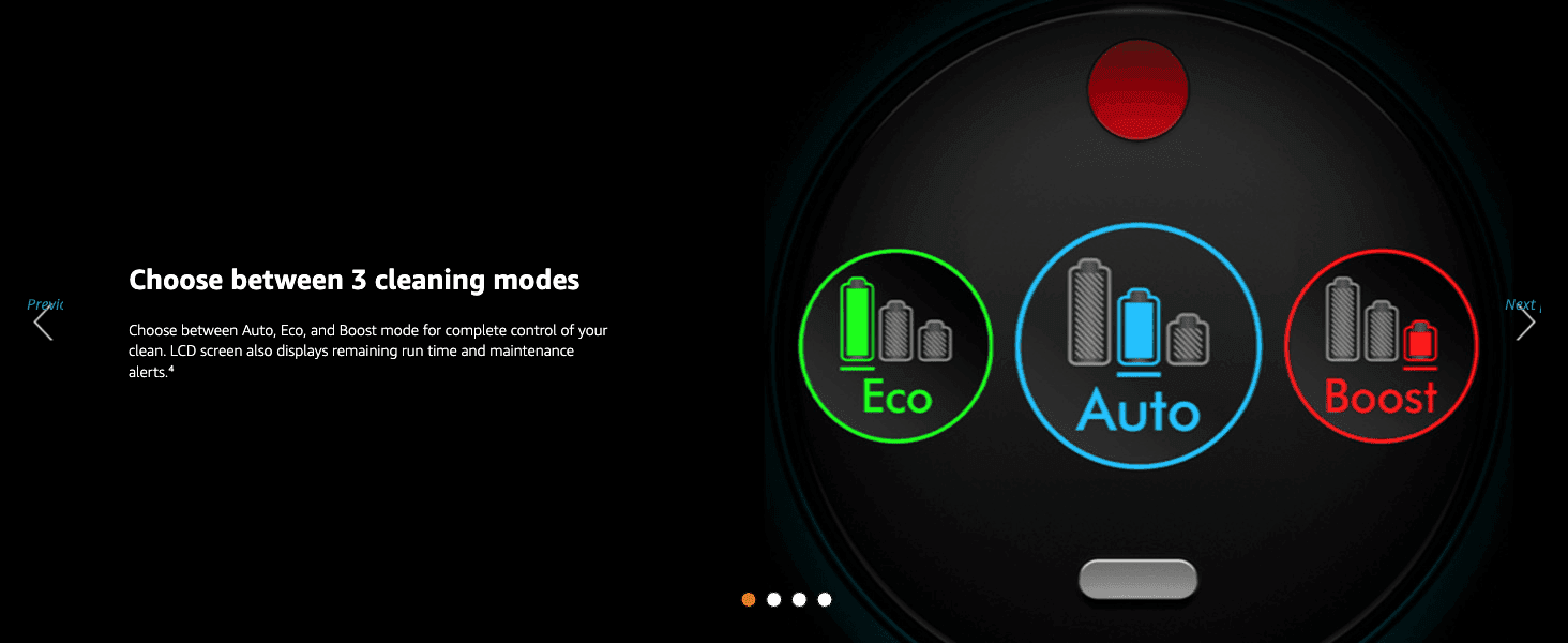 Explains the Eco/Auto/Boost mode options and LCD screen so shoppers understand they can control cleaning intensity and battery use.