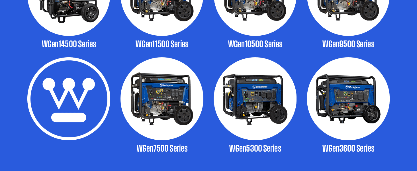 Continues the generator series lineup grid with brand logo to reinforce the range of wattage options available.