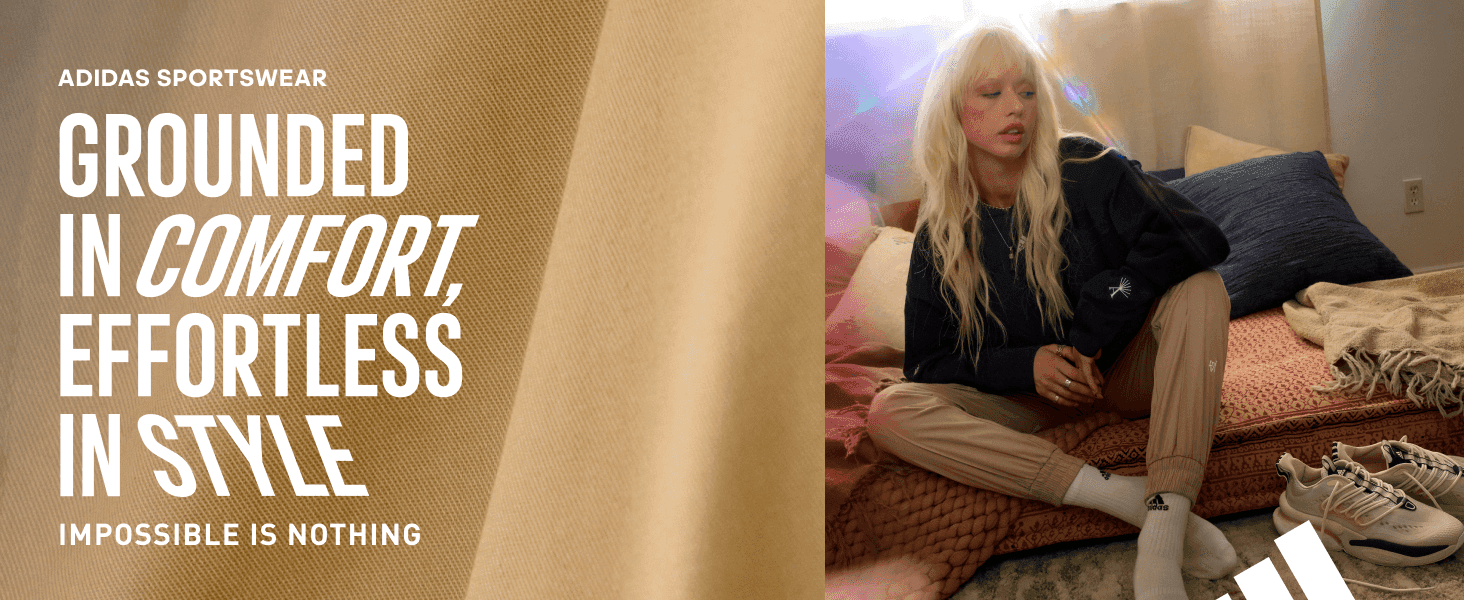 Ties the sneaker to adidas comfort and style through a slogan and a relaxed lifestyle photo.
