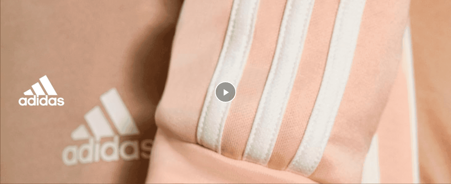 Uses a video thumbnail with the three-stripe detail and adidas logo to reinforce brand identity and invite shoppers to watch. Shows the product's texture and design detail to give shoppers a feel…