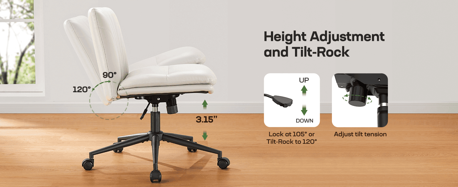 Uses zoomed callouts and measurements to show how the chair's tilt-lock and height adjustment mechanisms work.