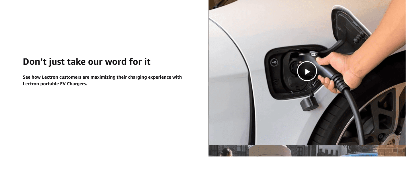 Invites shoppers to watch real customers charging their EVs to build trust in the product. Uses customer experience footage as social proof that the charger works well in real use.