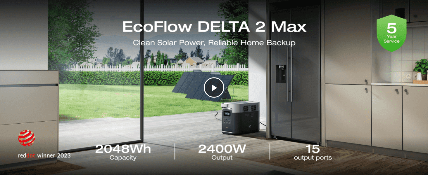 Leads with headline power stats and a 5-year service badge to signal capable, reliable home backup. Places the power station in a real kitchen with solar panels to show clean home backup power.