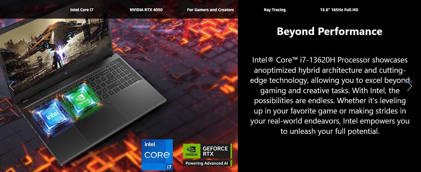 Highlights the Intel Core i7 processor's performance benefits alongside supporting spec tags to reassure shoppers about gaming and creative capability.